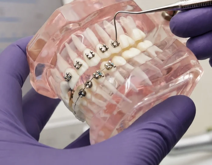 Modelo clínico tipodonto con brackets y arcos de ortodoncia